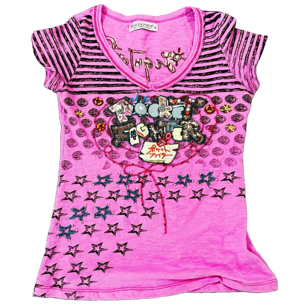 FORLA PARIS Y2K Pocket Fighter Pink Harajuku Mixed Media Patchwork Star Shirt M